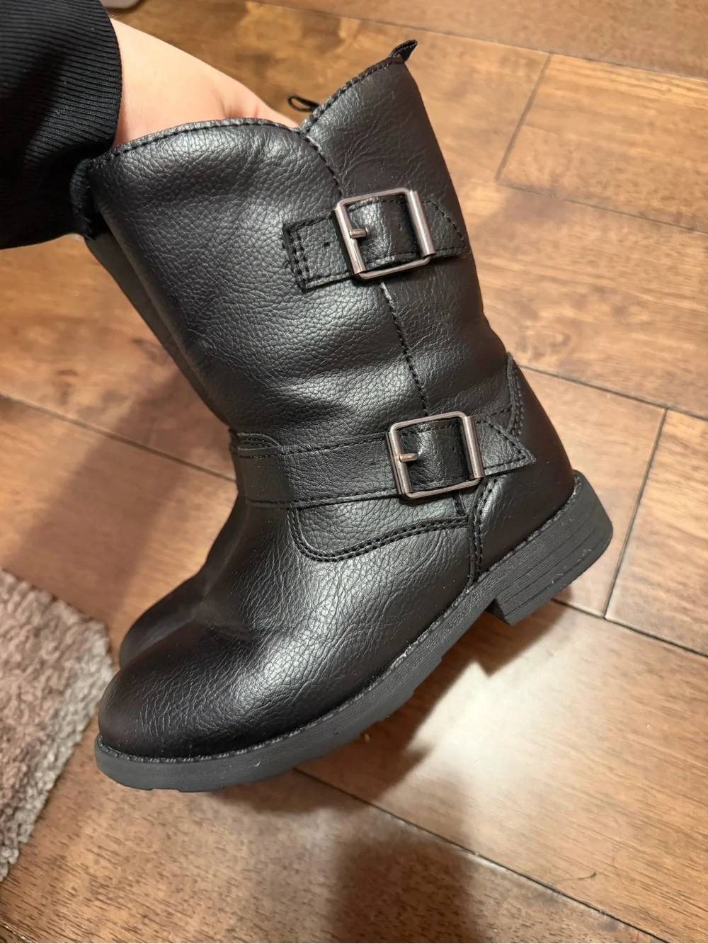 Black Buckle Mid-Calf Leather Boots
